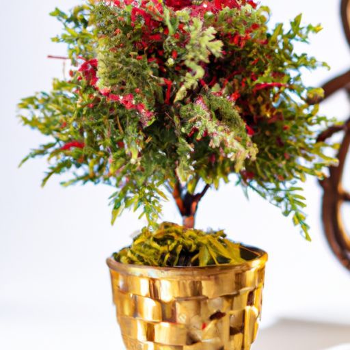 с вазой, искусственное растение в горшке, 2 красного и золотого плетеного настольного домашнего декора, искусственное растение бонсай из сосны