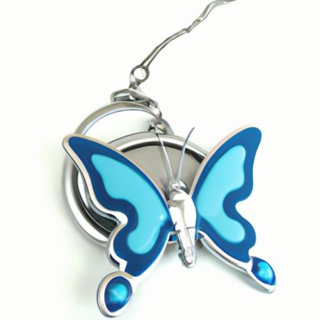 mit blauem PU-großem Schmetterling, Händedesinfektionsmittel, Metallschmetterling, runder Metallplatte, gravierbarem Handtaschenanhänger, lebendiger Schmetterlings-Schlüsselanhänger