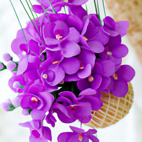 Buket Bunga Sutra untuk Rumah Pernikahan Anyaman Gantung Taman Bagian Meja Vas Pengaturan Dekorasi Anggrek Ungu Buatan